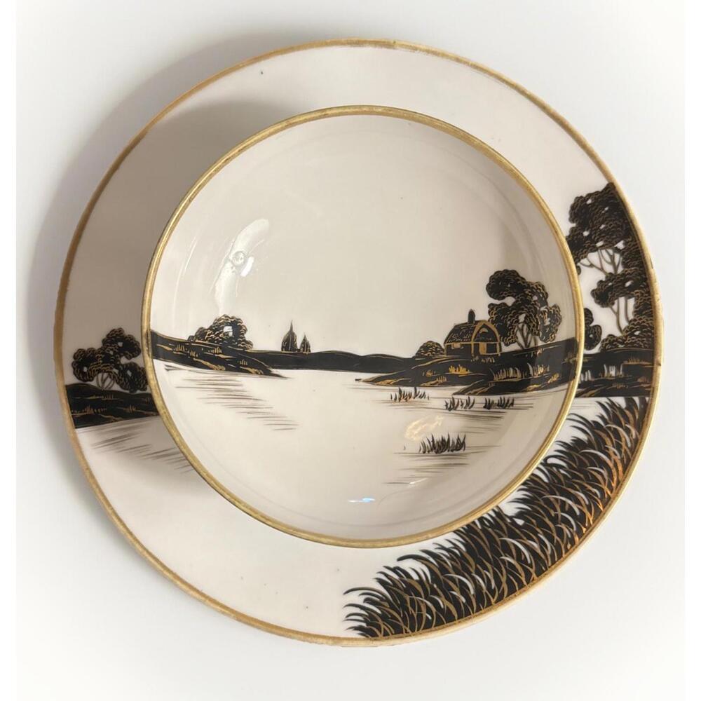 Antique Nippon Black Gold Landscape Compote Bowl w/ Attached Underplate